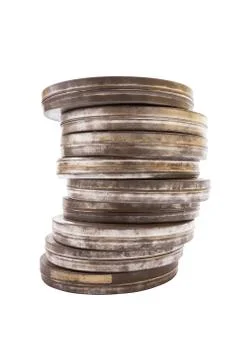 Stack of film cans, side view with clipping path Foto stock