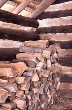 Stack of Firewood logs inside cabin Stock Photos