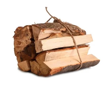 Stack of firewood logs tied with rope on white background Stock Photos