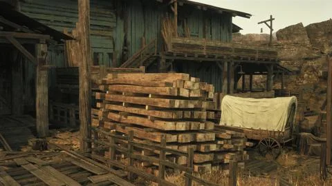 A stack of firewood next to a rustic building Stock Illustration