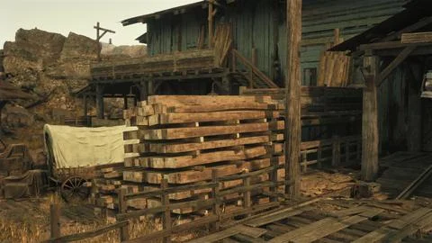 A stack of firewood next to a rustic building Illustrazione stock