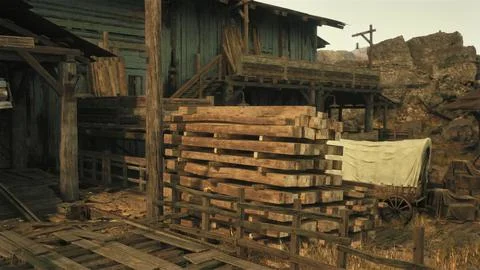 A stack of firewood next to a rustic building Ilustración de archivo