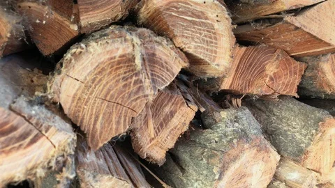 A stack of firewood in the old house illuminated by sunlight from a window, Slow 库存影片 116465512