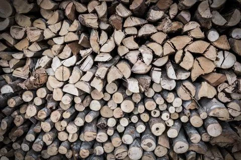 Stack of firewood, wood background texture. Layer of stored cut timber. Stock Photos