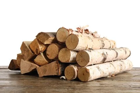 Stack of firewood on wooden table against white background Stock Photos