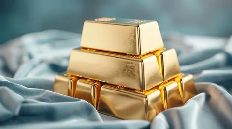 Stack of five gold bars arranged on a silky cloth background, highlighting we Stock Photos
