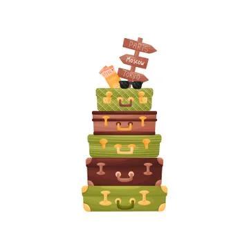 Stack of five green and brown suitcases. Vector illustration on white background Stock Illustration