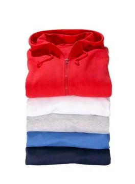 Stack of five hooded sweaters isolated on white background Stock Photos