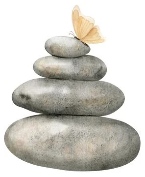 Stack of flat Pebbles with butterfly. Hand drawn watercolor illustration of Stock Illustration
