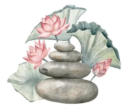 Stack of flat Pebbles with pink Lotuses and leaves. Hand drawn watercolor Stock Illustration