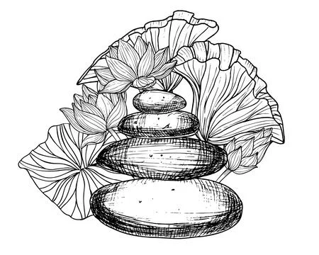 Stack of flat Pebbles with pink Lotuses and leaves. Hand drawn vector Stock Illustration