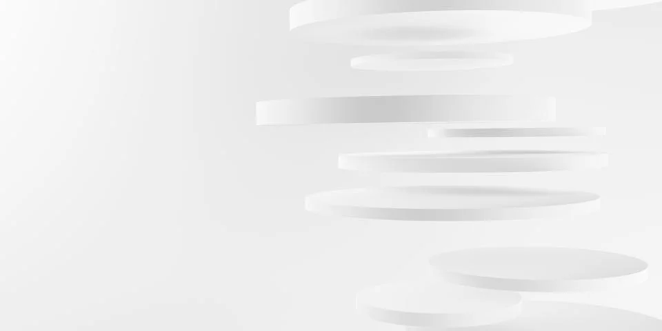 Stack of floating and randomly offset white cylinder circle segments over whi Stock Illustration