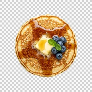 Stack of fluffy pancakes with maple syrup butter and blueberries on transpa.. 库存照片