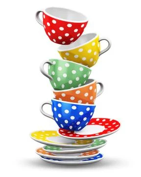 Stack of flying color polka dot coffee cups Stock Illustration