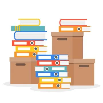 Stack of folder, books and paper boxes, flat design Stock Illustration