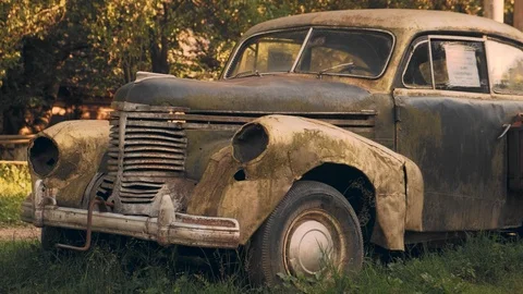 Stack of footage: Abandoned old car of the times of the USSR, half dismantled in Stock Footage 121038015