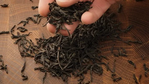 Stack of footage: Male hand picks tea leaves. Black tea. Dried tea leaves Stock Footage 121043693