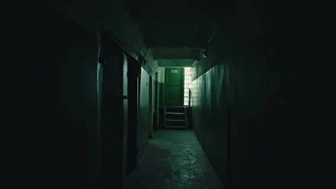 Stack of footage: Old apartment building, long dark hallway. Stock Footage 149827197
