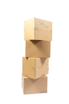 Stack of Four Blank Cardboard Shipping Boxes Isolated on White Stockfoto's
