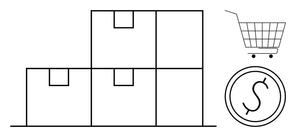 Stack of four boxes with a shopping cart and coin symbol beside them. Ideal f Stock Illustration