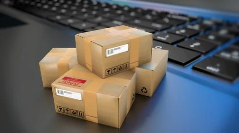 Stack of four cardboard parcels lying on a notebook - 3d ill イラスト素材