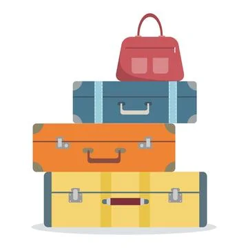 Stack of four colorful vintage leather suitcases and travel bags isolated 库存插图