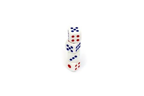 Stack Of Four White Dice With Red And Blue Dots Against A Clean White Backg.. Stock Photos