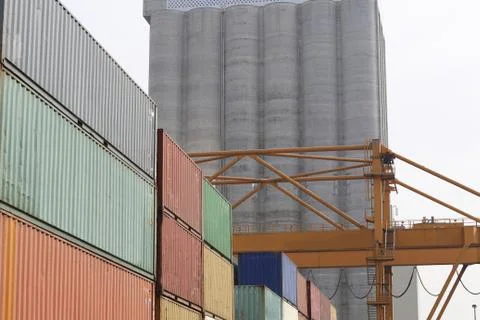 Stack of freight containers in port Foto stock