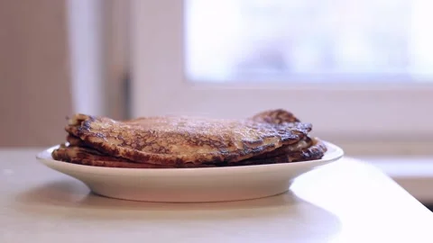 Stack of fresh baked crepes with raised steam Stock Footage 232232876