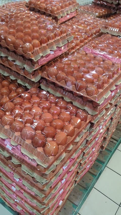 Stack of Fresh Chicken Eggs in Plastic Trays at Grocery Store Видео 335518712