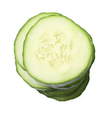 Stack of fresh cut cucumber isolated on white, top view 스톡 사진