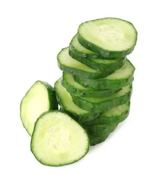 Stack of fresh cut cucumber slices isolated on white 스톡 사진