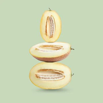 Stack of fresh cut melons on pale dusty green background Stock Photos