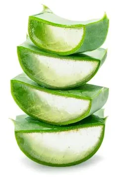 Stack of fresh green aloe vera slices on white background Foto stock