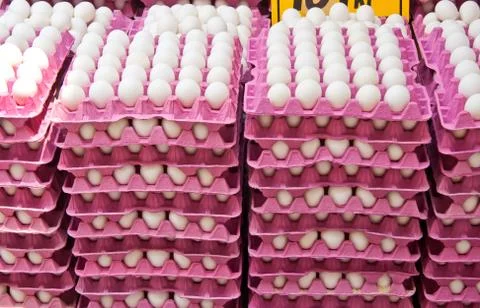 Stack of fresh organic eggs at a street market Stock Photos