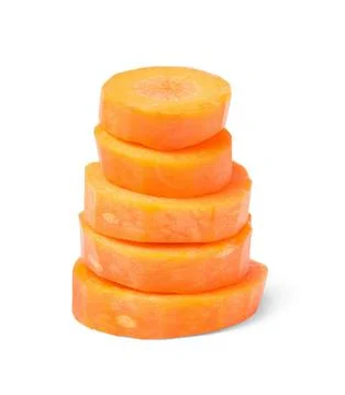 Stack of fresh ripe carrot slices isolated on white Stockfoto's