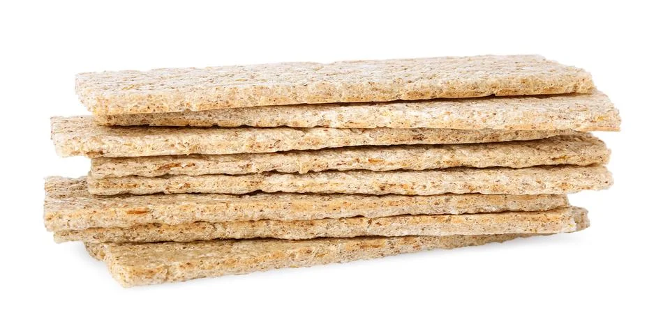 Stack of fresh rye crispbreads isolated on white Foto stock