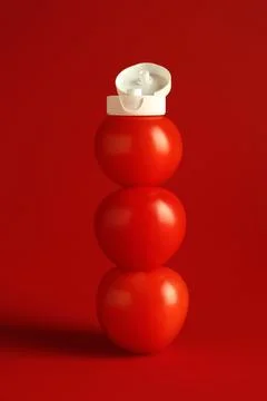 Stack of fresh tomatoes with plastic cap as bottle of ketchup on red backgrou 스톡 사진