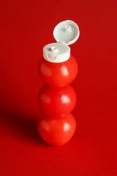 Stack of fresh tomatoes with plastic cap as bottle of ketchup on red backgrou Stock Photos