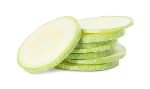 Stack of fresh zucchini pieces isolated on white 스톡 사진