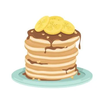 A stack of fried pancakes with bananas, chocolate sauce and nuts. Illustrazione stock
