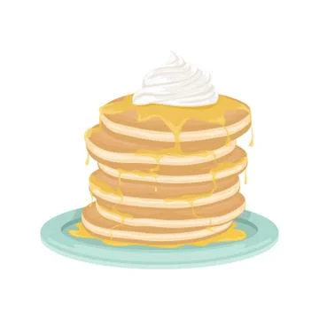 A stack of fried pancakes with honey and whipped cream. Delicious breakfast. Stock Illustration