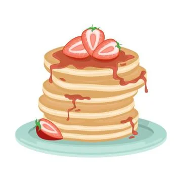 A stack of fried pancakes with strawberries and strawberry jam. Stock Illustration