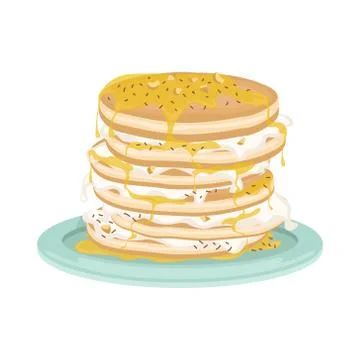 A stack of fried pancakes with whipped cream and maple syrup. Stock Illustration