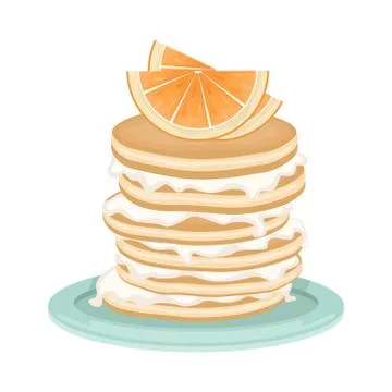 A stack of fried pancakes with whipped cream and orange slices. Illustrazione stock