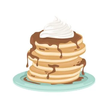 A stack of fried pancakes with whipped cream and chocolate sauce. Stock Illustration
