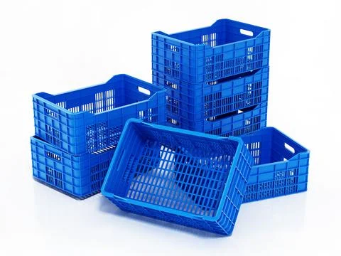 Stack of fruit crates isolated on white background. 3D illustration Illustrazione stock