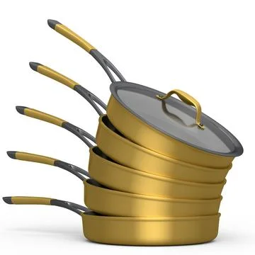 Stack of frying pan with glass lid on white, non-stick kitchen utensils 库存插图