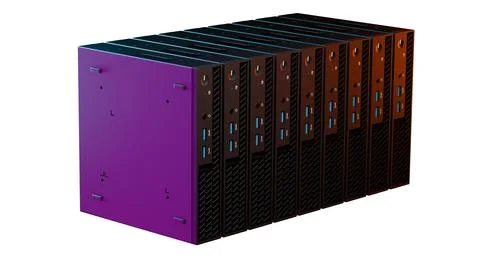 Stack of futuristic servers with purple casing isolated on white Stock Illustration