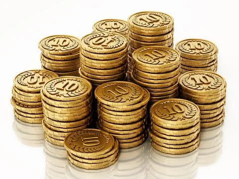 Stack of generic gold coins isolated on white background. 3D illustration イラスト素材